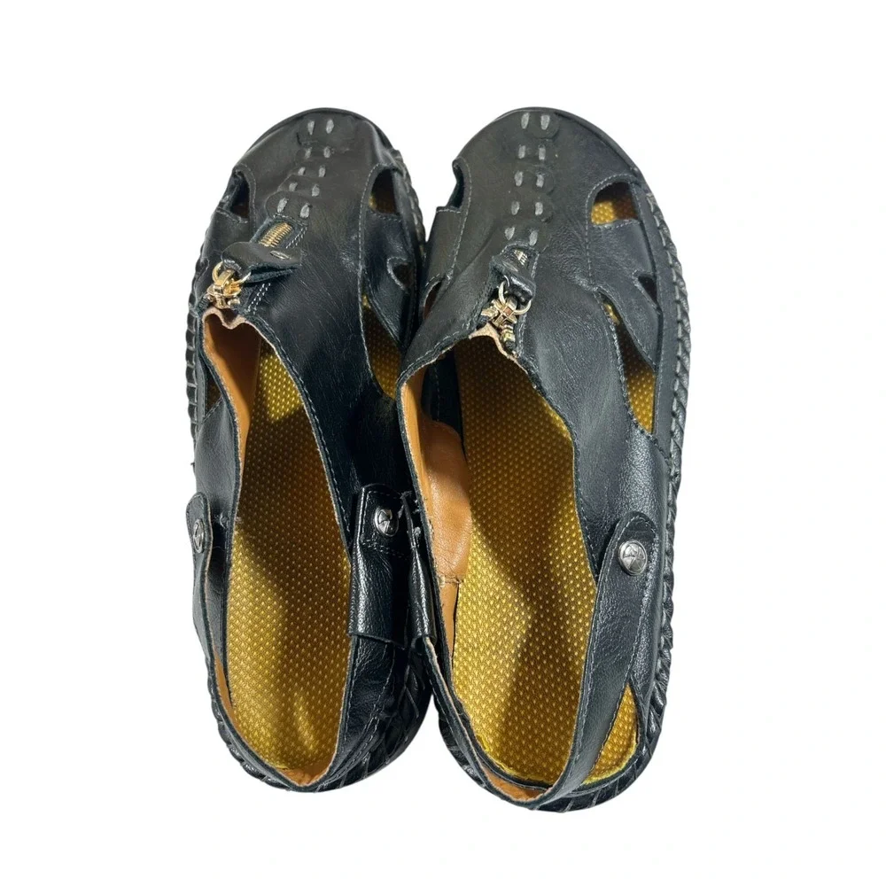 Men's Black Leather‎ Fisherman Sandals with Zipper Closure, Breathable